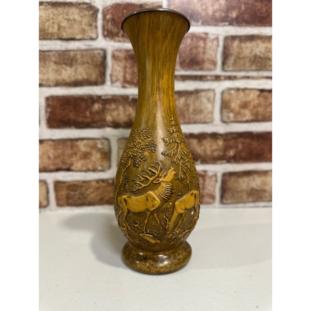 Vintage Faux Wood Resin Bud Vase Deer Forest Relief Rustic Cabin Decor 8 Inch